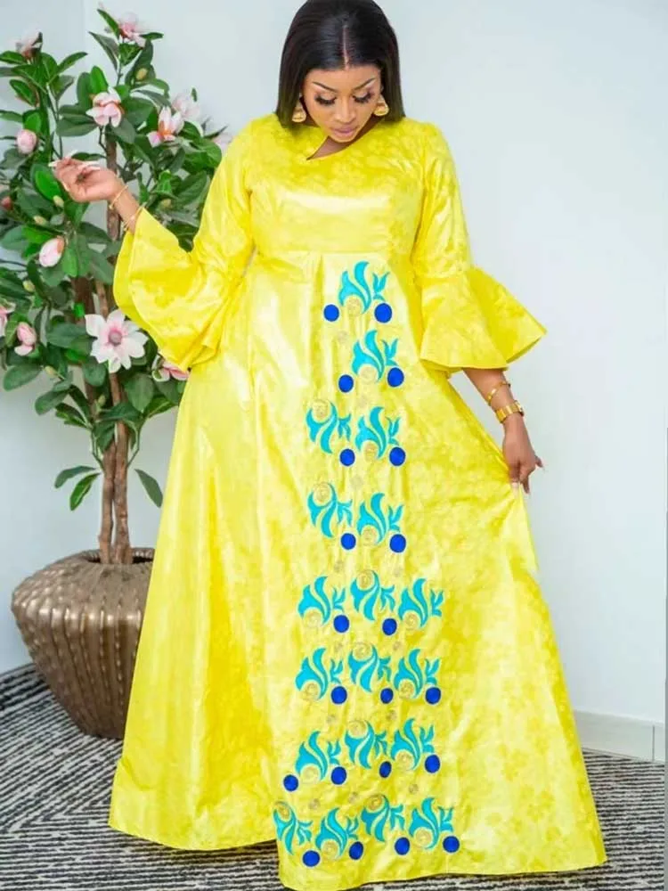 Yellow Bazin Riche Long Dresses For African Wedding Women Evening Gowns Top Quality Bazin Riche Dashiki Robe Printed Style