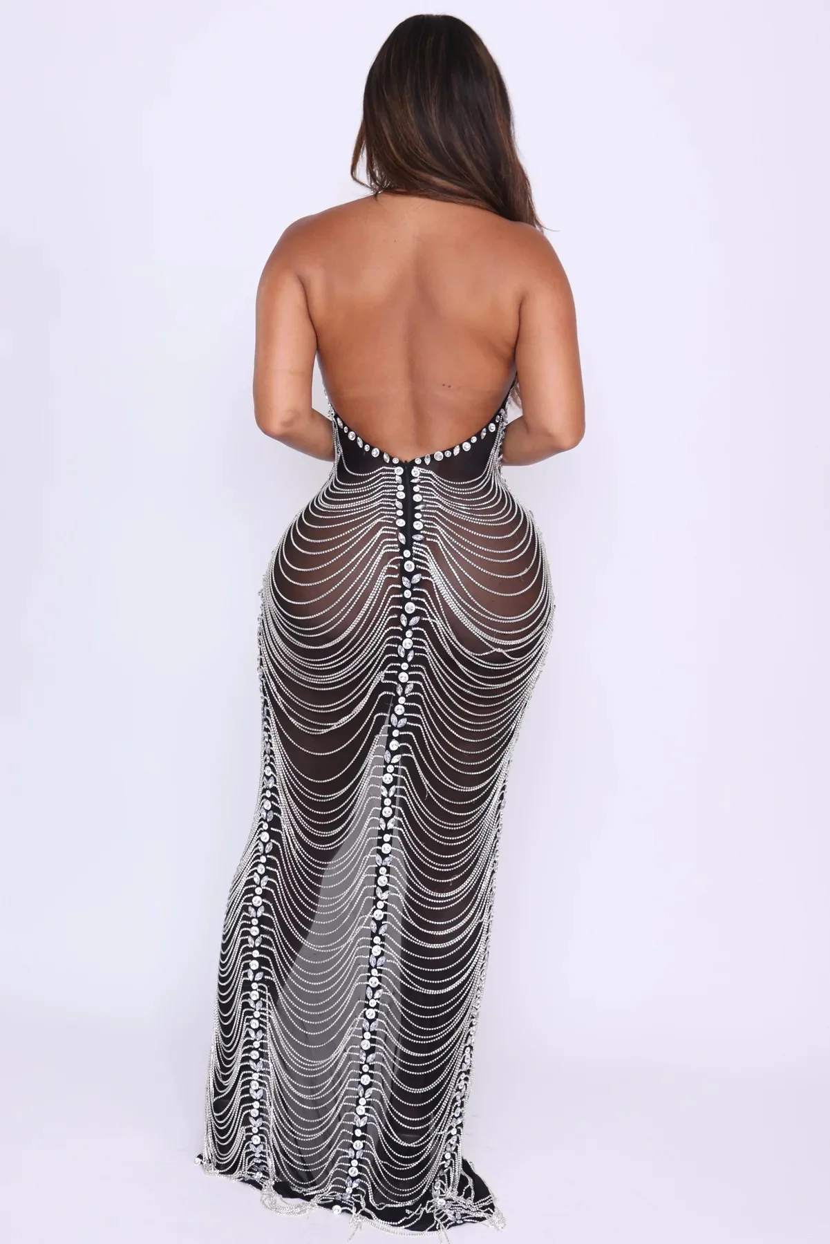 New black neck dress temperament host model halter split tassel shiny chain long dress European and American sleeves