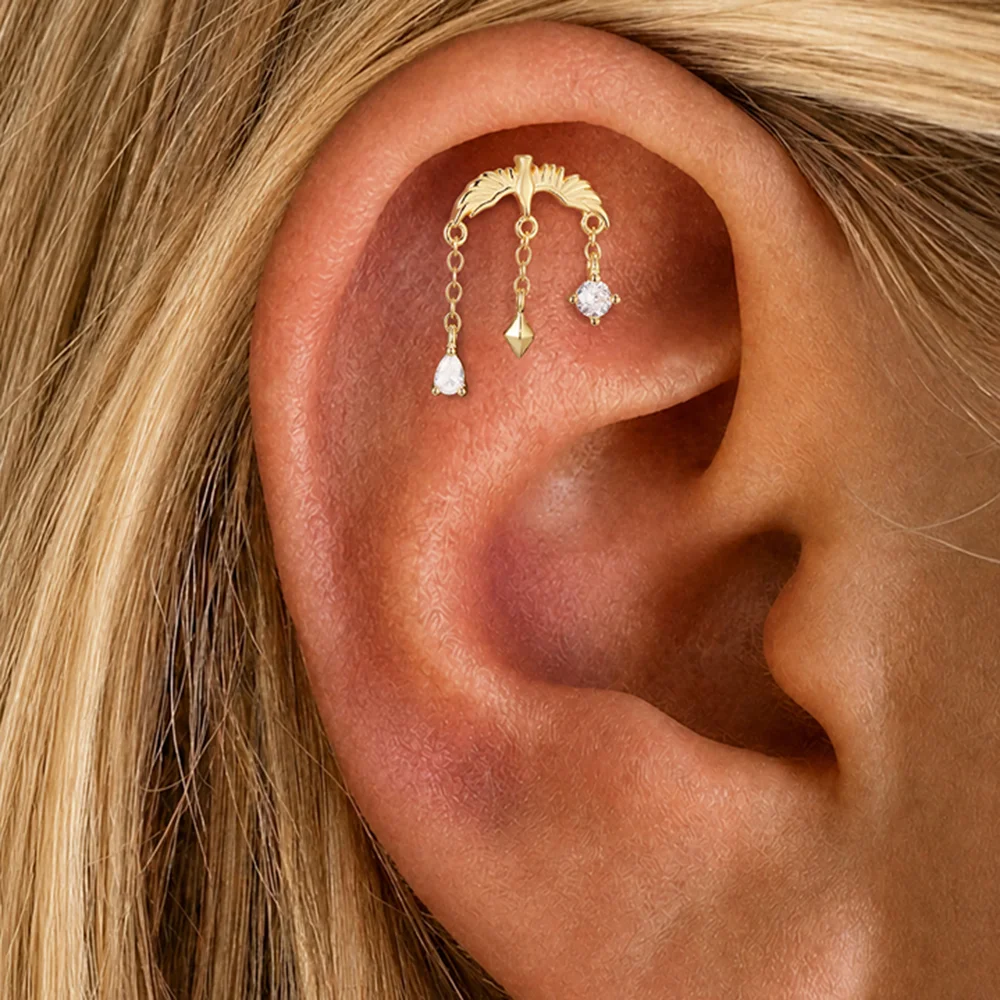 AIDE 925 Sterling Silver Dangle Star Moon/Water Droplet Tassel Women's Cartilage Helix Stud Flat Back Piercing Dainty Jewelry 4