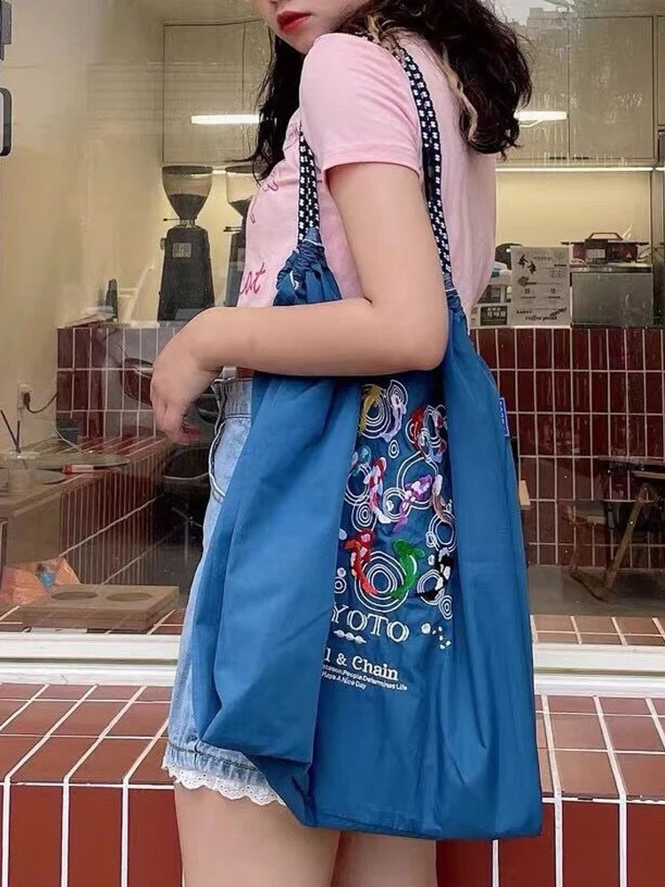 대용량 나일론 쇼핑백 볼체인 친환경 가방 여성 숄더백 자수 소프트 폴리에스터 안감 접이식 크로스백