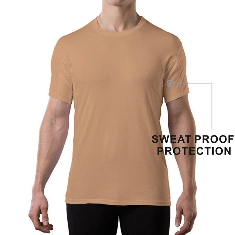 Crew Neck Undershirts with Sweatproof Patent Solid Men Anti Perspiration T Shirt with Pads Modal Tops