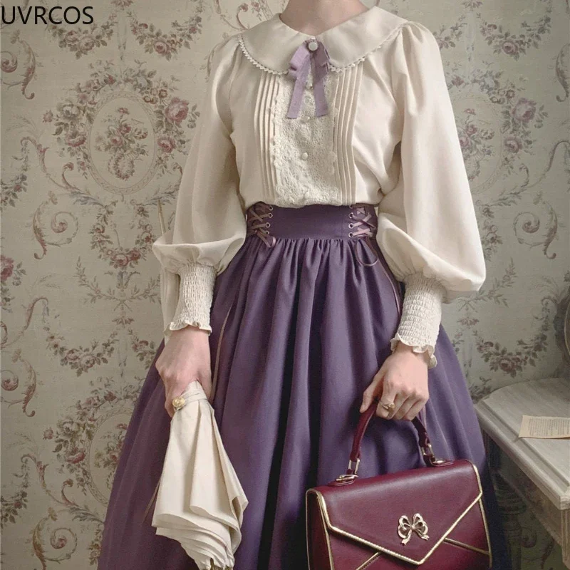 Vintage Elegant Lolita Style Shirts Women Japanese Sweet Gigot Sleeve Lace Embroidery Blouses Female Cute Bow Tops Blusas Mujer