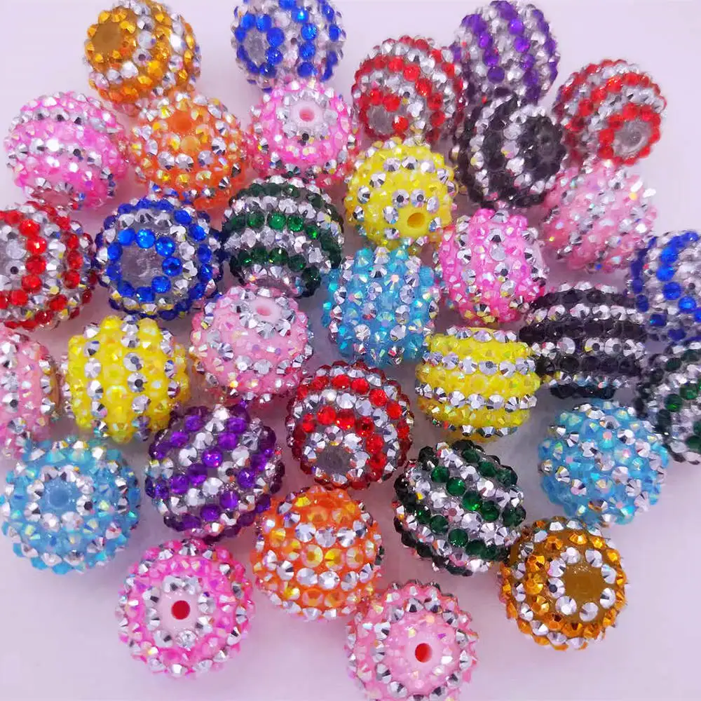 50Pcs Mix Lot 20mm Two-tone Striped Resin Rhinestone Ball Loose Beads For Girls Necklace Bracelet Making Accessories Wholesale