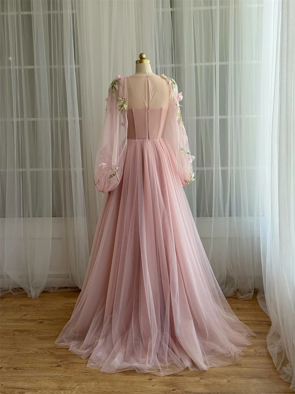 Cathy Maßgeschneiderte rosa Applikationen Ballkleid Ballkleider O-Ausschnitt Puffärmel Vestidos de Noiva Tüll bodenlang formeller Abend