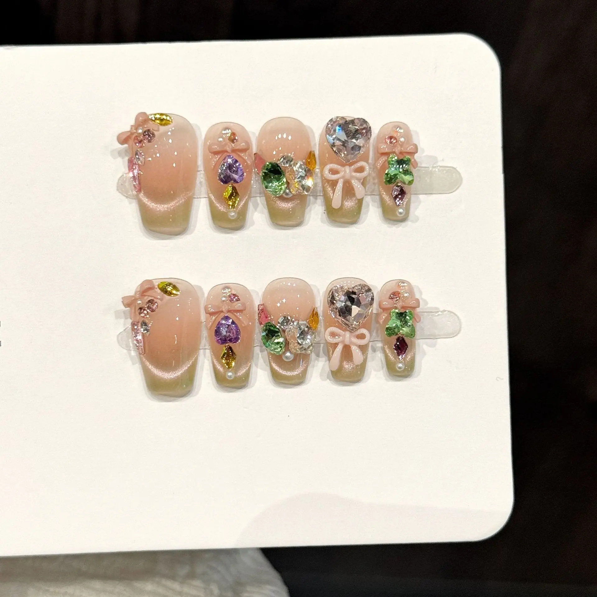 10pcs Pure Hand Pressed Short Coffin Nail Art,Nice Fake Nails,Pink Cat's Eye Colored Diamond Sweet Bow,Suitable For Women