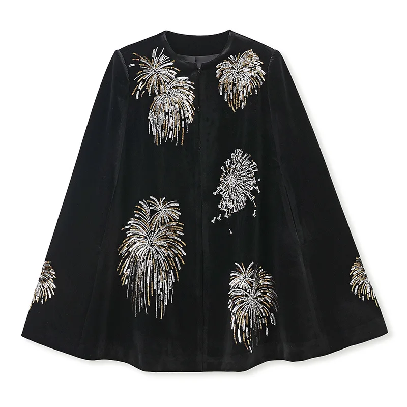 Autumn and Winter 2024 New High End O-Neck Fireworks Beading+ Embroidery Design Elegant Fashionable Loose Coat Cloak S-L