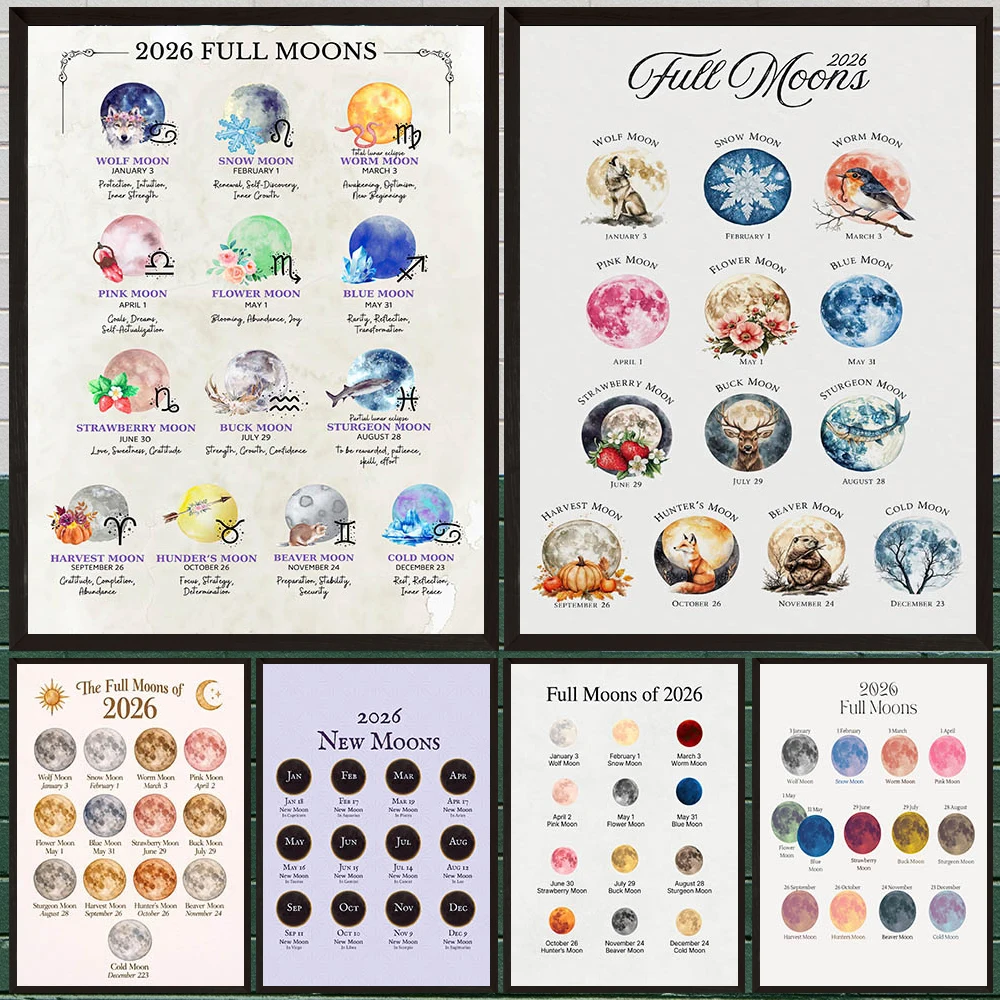 

Full Moons,New Moons,Moon Phase Cycle Abstract Wall Art Canvas Print,Witchy,Pagan & Astrology Art Poster Print Decor Unframed