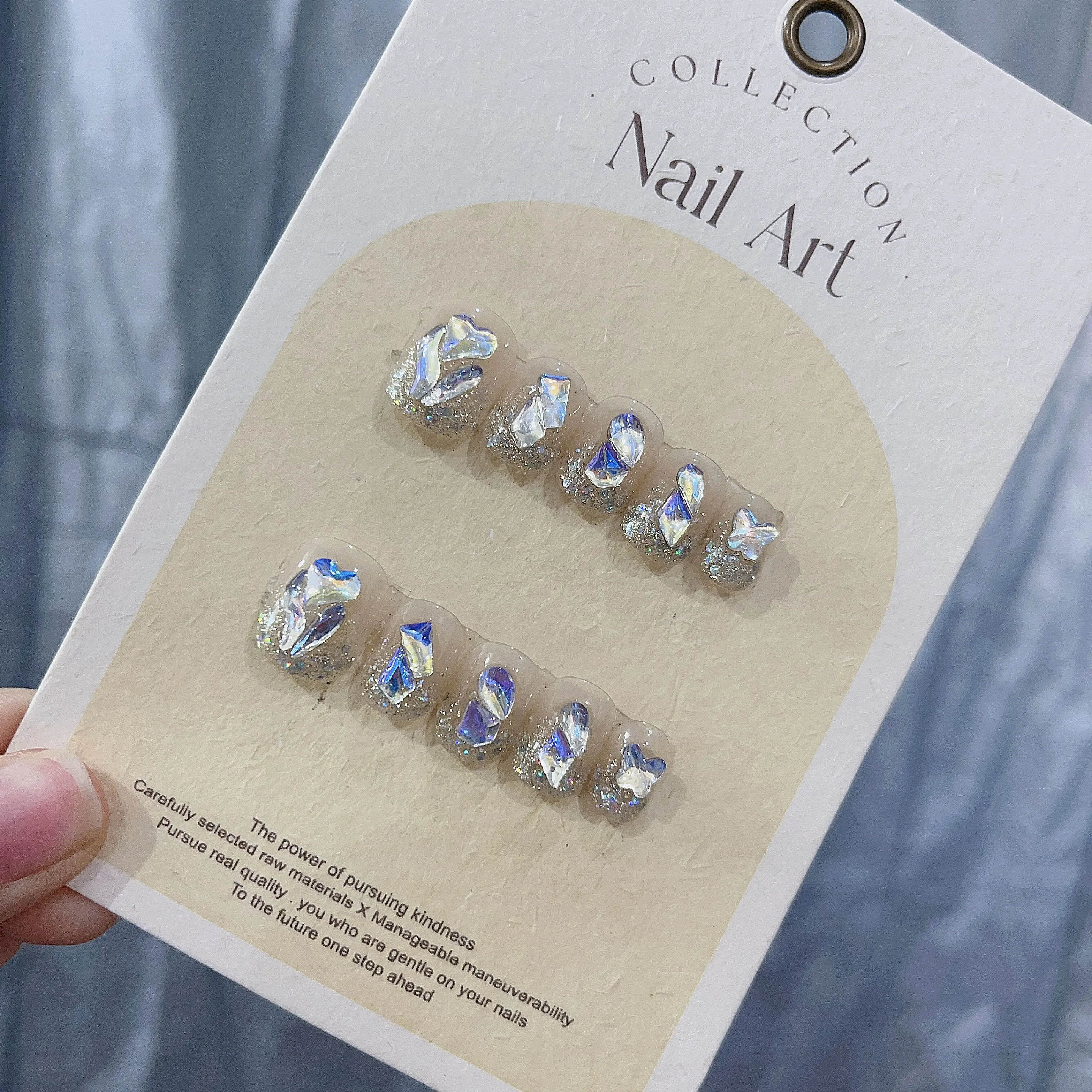 Ice Blue Handmade Press on Nails- Short Round Shape- Diamond Shaped Crystals -Ice and Snow Style No.EM1537