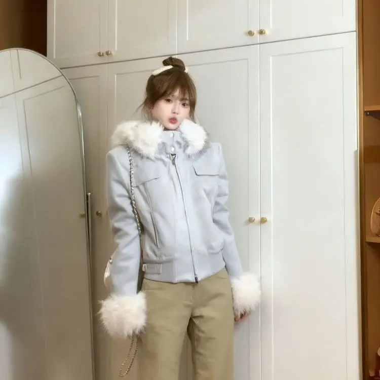 Coquette Sweet Soft Korean Style Women's Winter Jacket Faux Fur Trim Hooded Pockets Furry Cuffs Slim Fit Cozy Casual Outfit 2026