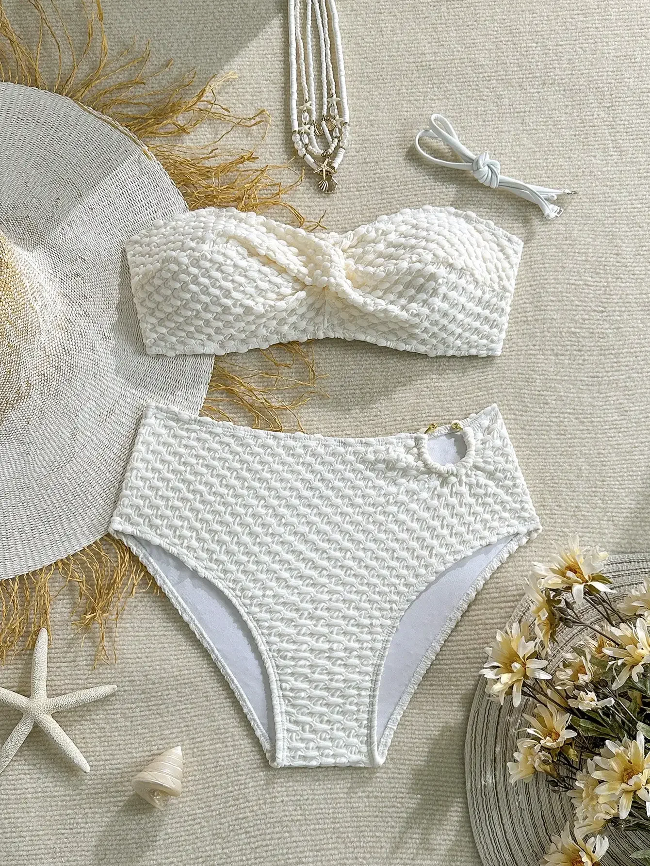 

Однотонный комплект бикини с узлом и завязками без бретелек для женщин, пляжный купальник для отпуска