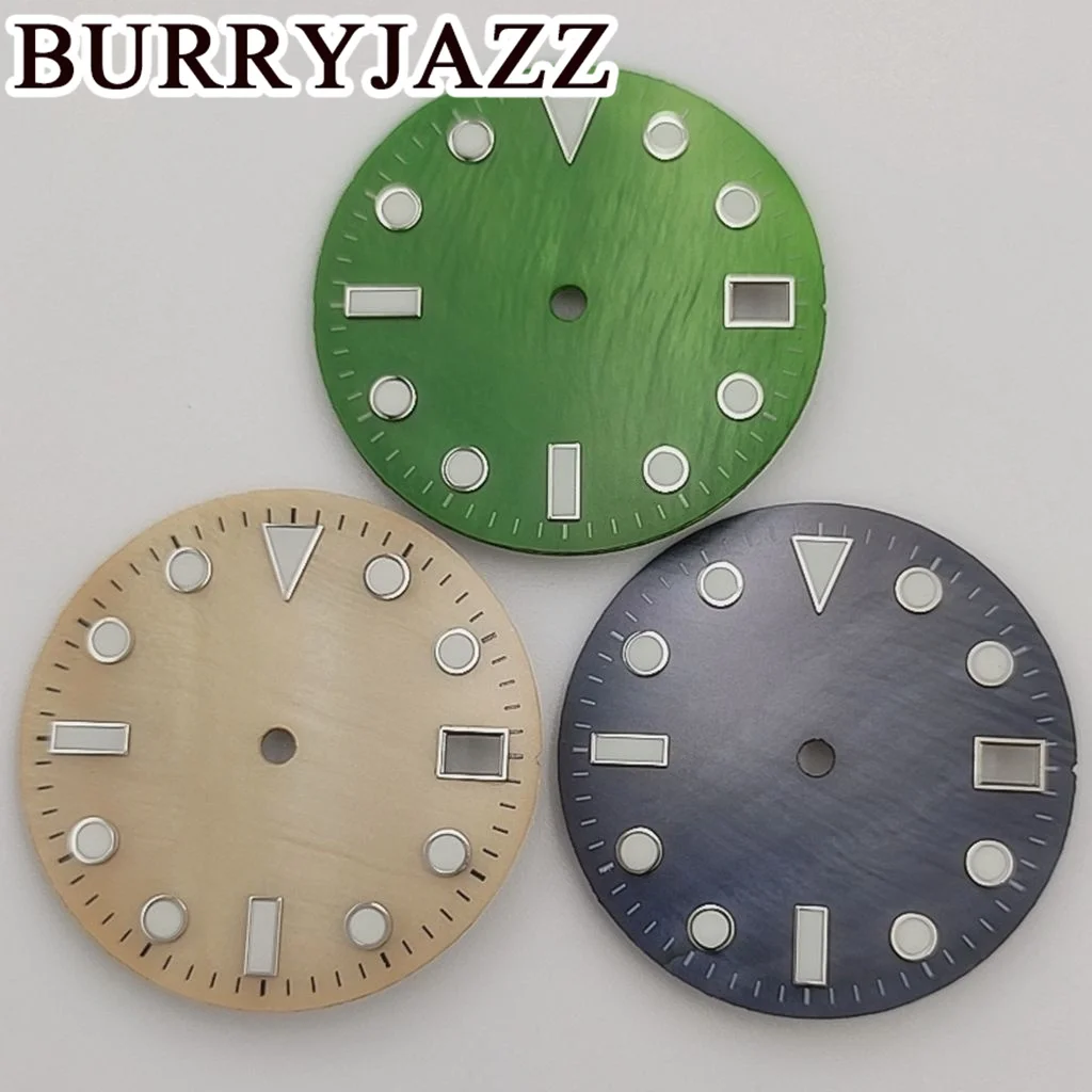 BURRYJAZZ 28.5mm No Logo NH35 Watch Dials Black Green Blue Brown White Dial Green Luminous Fit 3 O'clock Case Crown