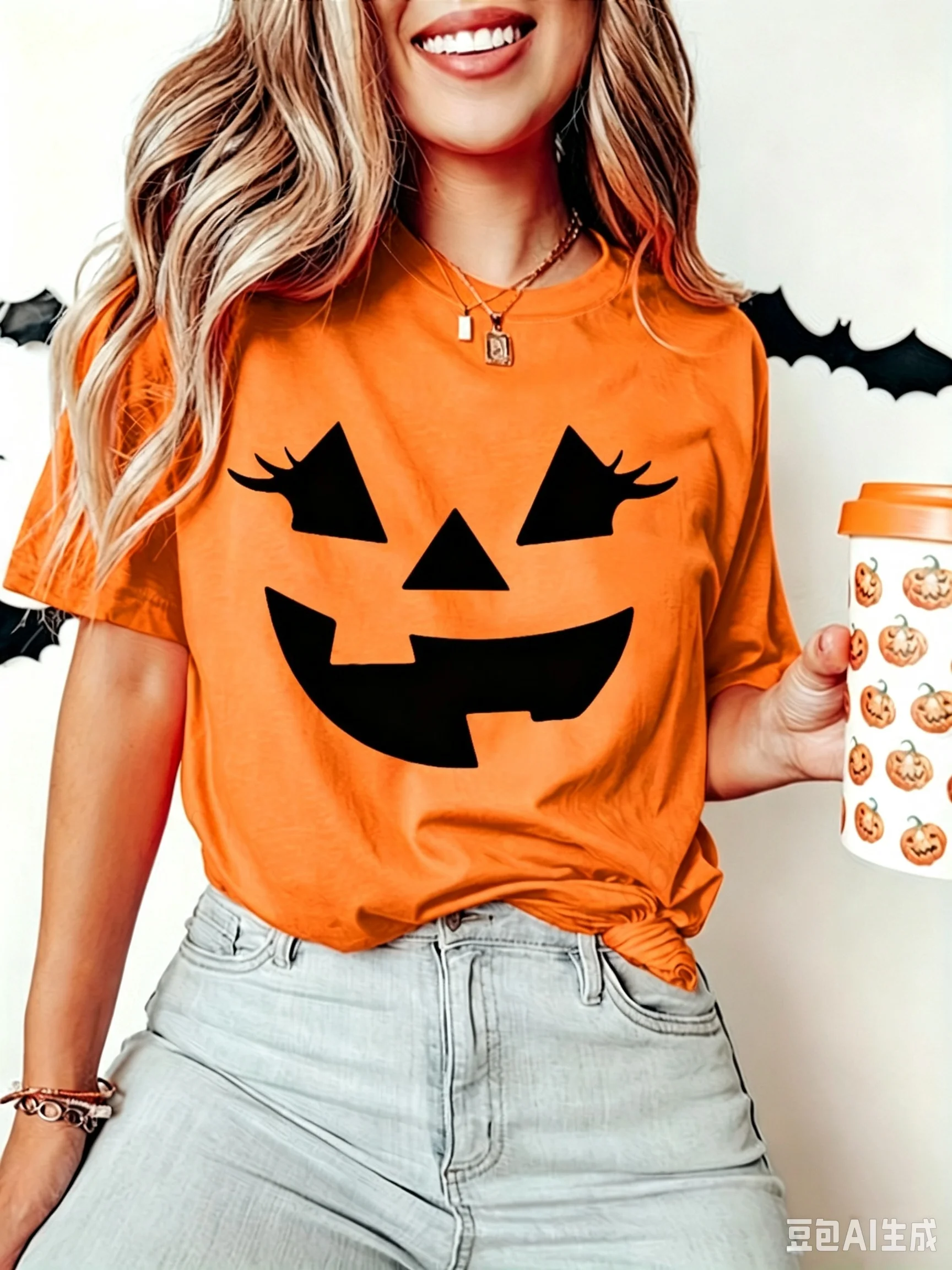 Halloween Malicious Pumpkin Face Funny T-shirt Horror-themed Men's and Women's T-shirt  Party Matching Family  Kids Clothes Y2k