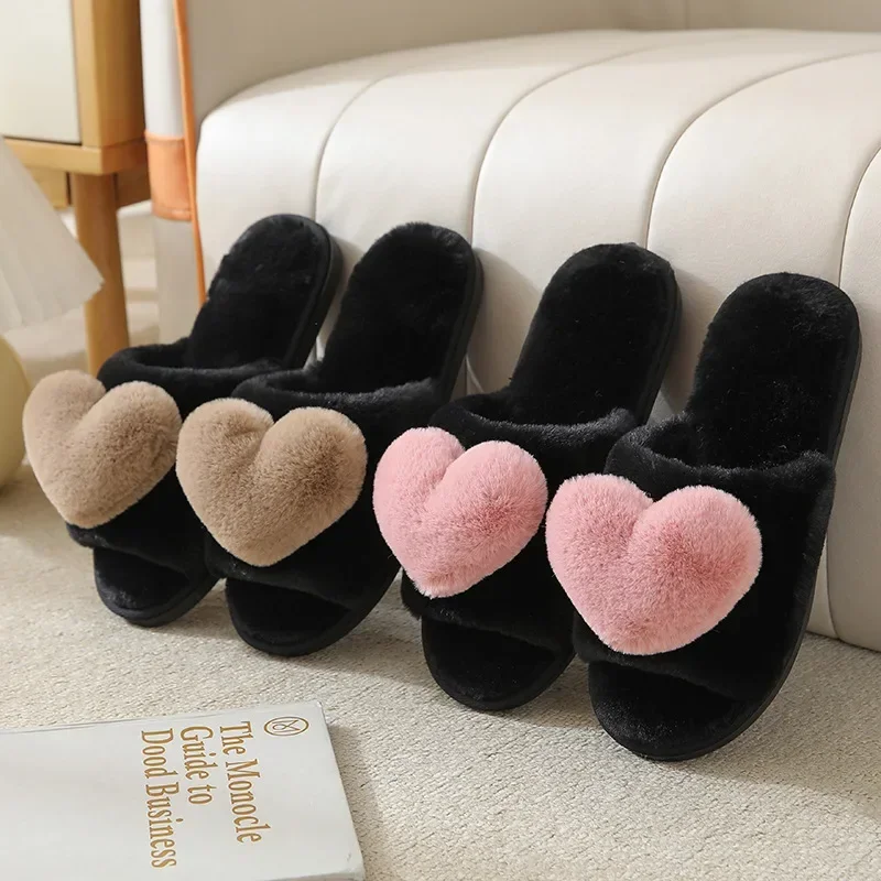 

Women Indoor Warm Home Slippers Bedroom Cute Heart Pattern Non-slip Soft Comfort Plush House Slippers Shoes Autumn Winter