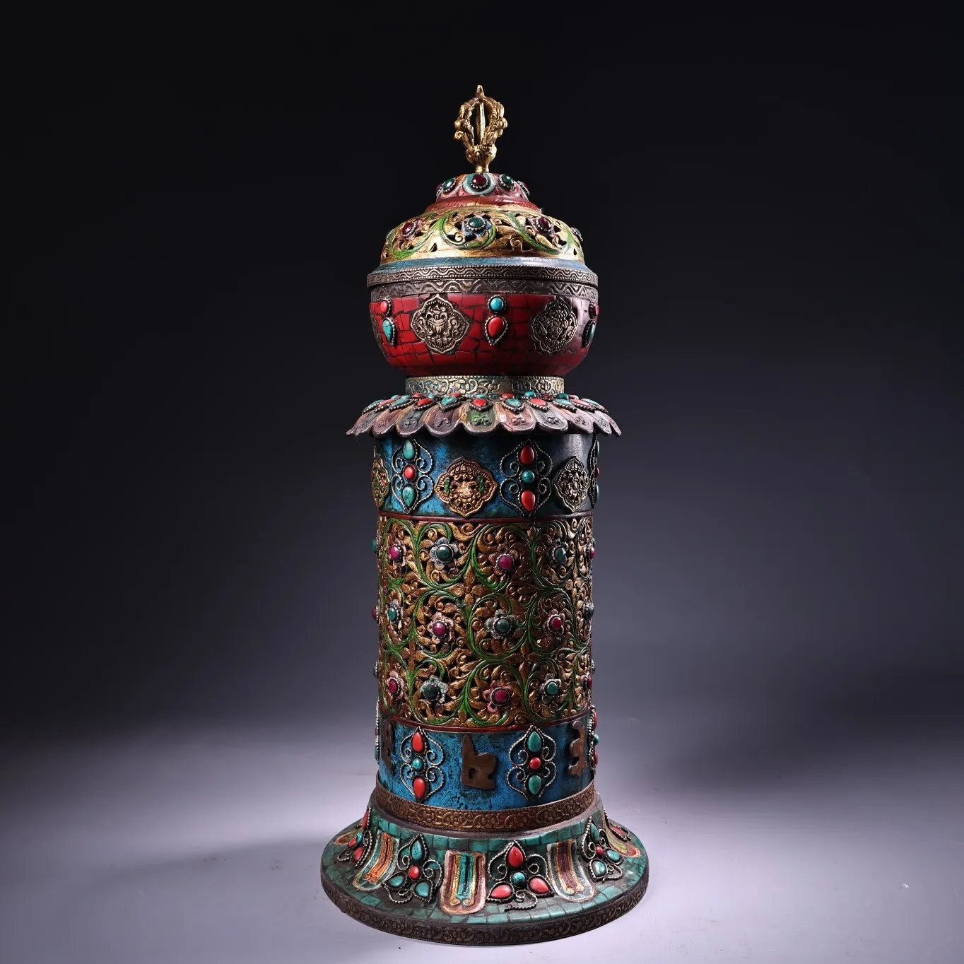 

18"Tibetan Temple Collection Old Bronze Outline in gold Mosaic Gem Turquoise Eight Treasure incensor Incense barrel Worship Hall