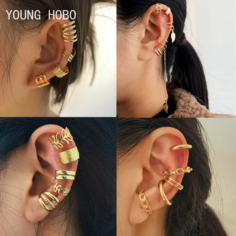 YOUNG HOBO New Gold Color Leaves Ear Cuff Black Non-Piercing Ear Clip Earrings for Women Men Fake Cartilage Earring Cuff Jewelry