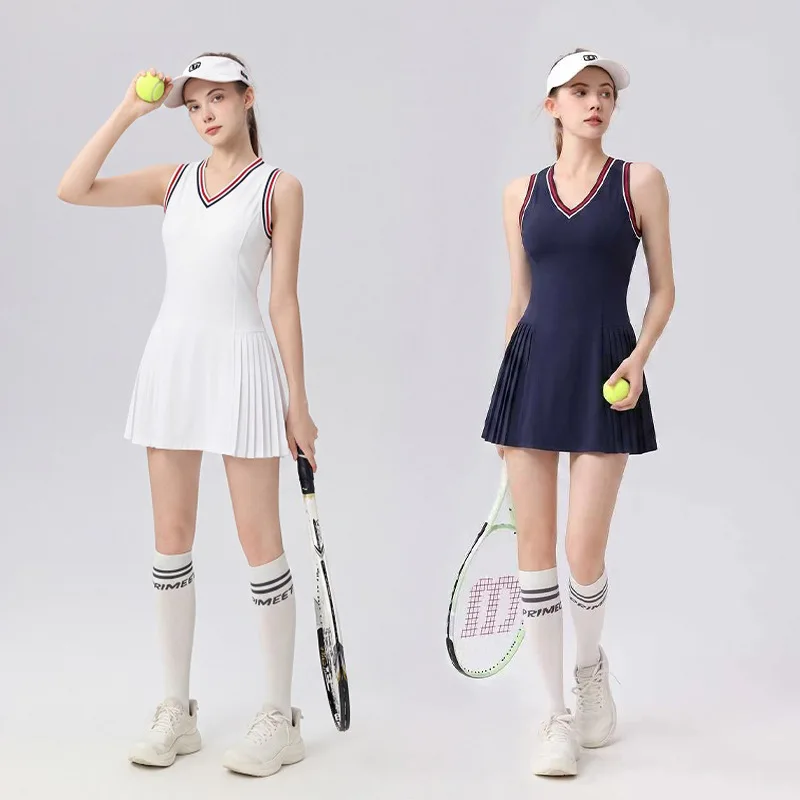Women's Tennis Dress with Matching Shorts, Sleeveless V-Neck, Pleated Side Panels for Golf, Padel & Pickleball, Athletic Dress