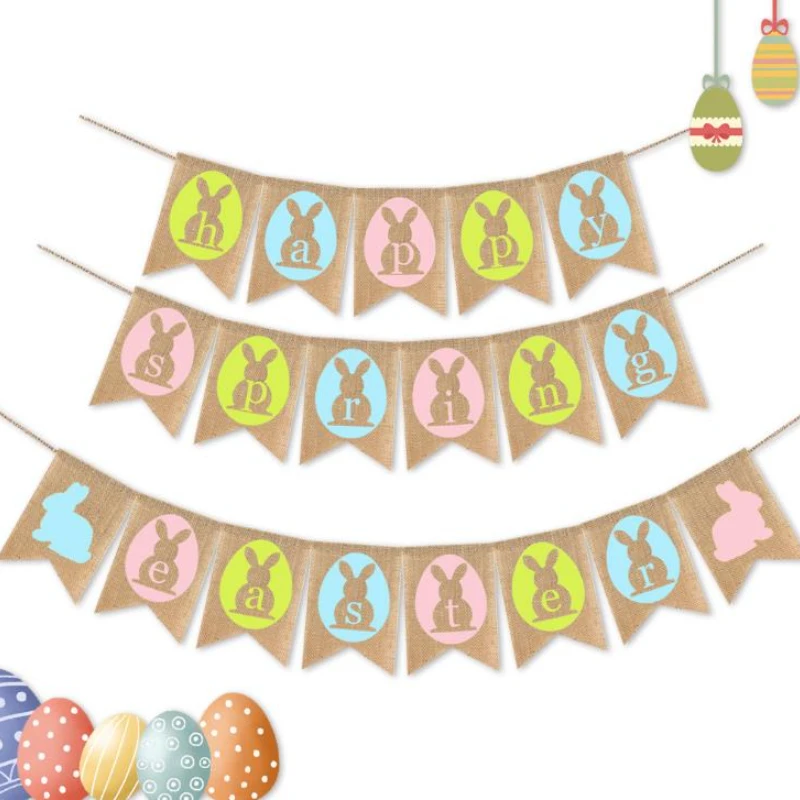 

Easter Bunny Flag Happy Spring Easter Banner Linen Dovetail Flags Rabbit Shape Hanging Flag Garden Party Banners