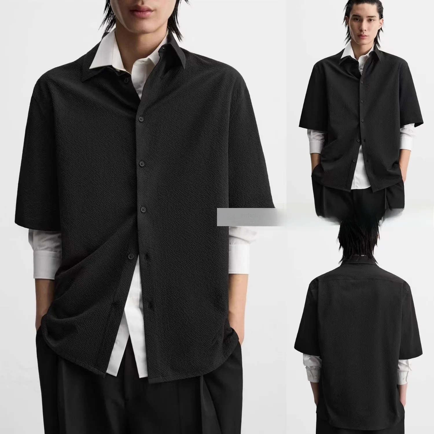 

Summer New Men's Loose Fit Bubble irt ort Sve Turn-down Collar Casual Comfortable Breathable Faionable Plain Color