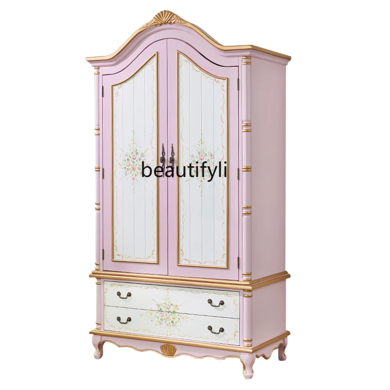 American solid wood wardrobe Mediterranean style painted large wardrobe pastoral style double door retro, large wardrobe