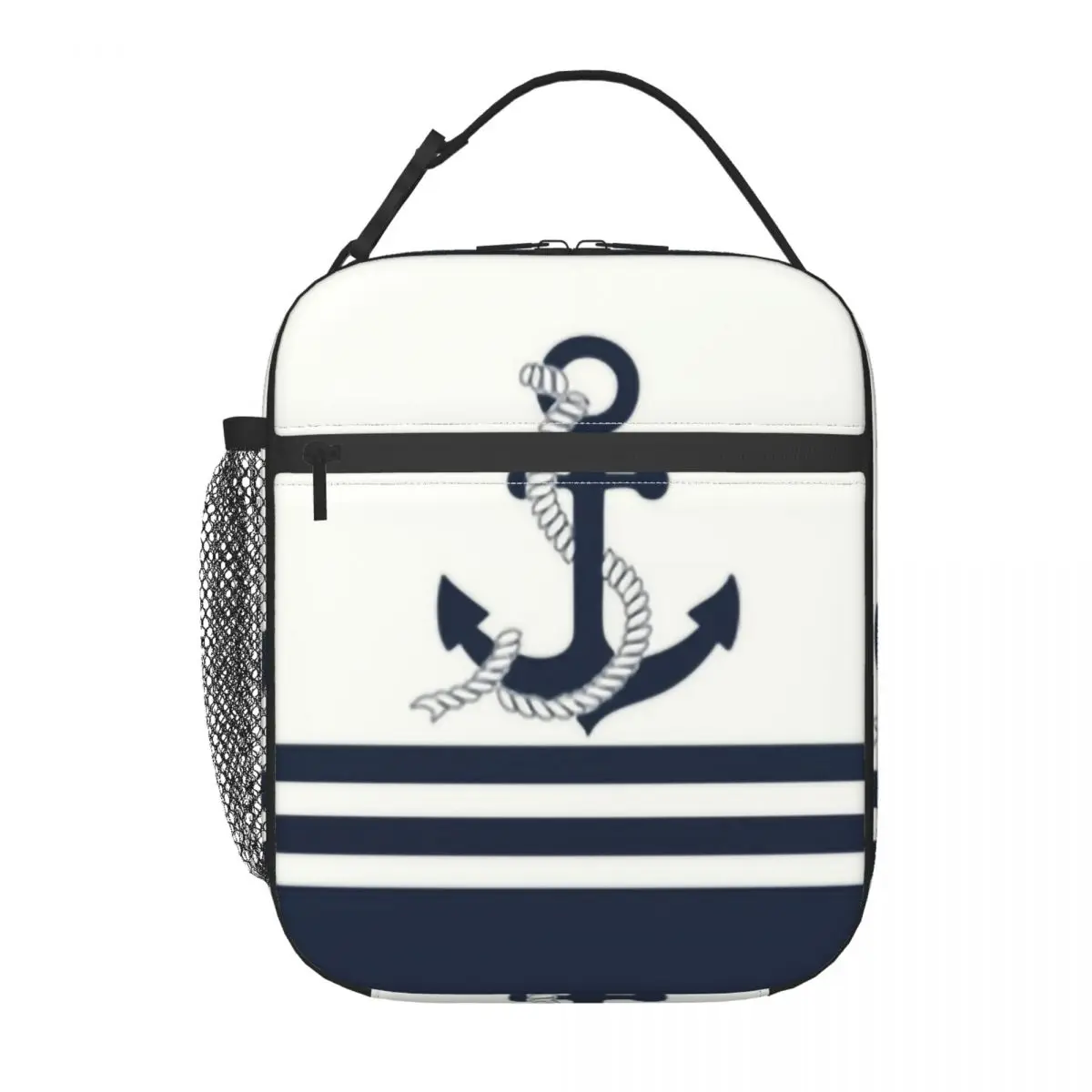 Navy Blue Stripes Nautical Anchor Boat Portable Lunch Box Women Leakproof Cooler Thermal Food Insulated Lunch Bag Office Work