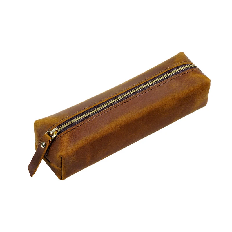 AIGUONIU Vintage Leather Pencil Bag Simple Stationery Hoder Pen Case Storage Bag Zipper Pencil Pouch Glasses Box School Supplies