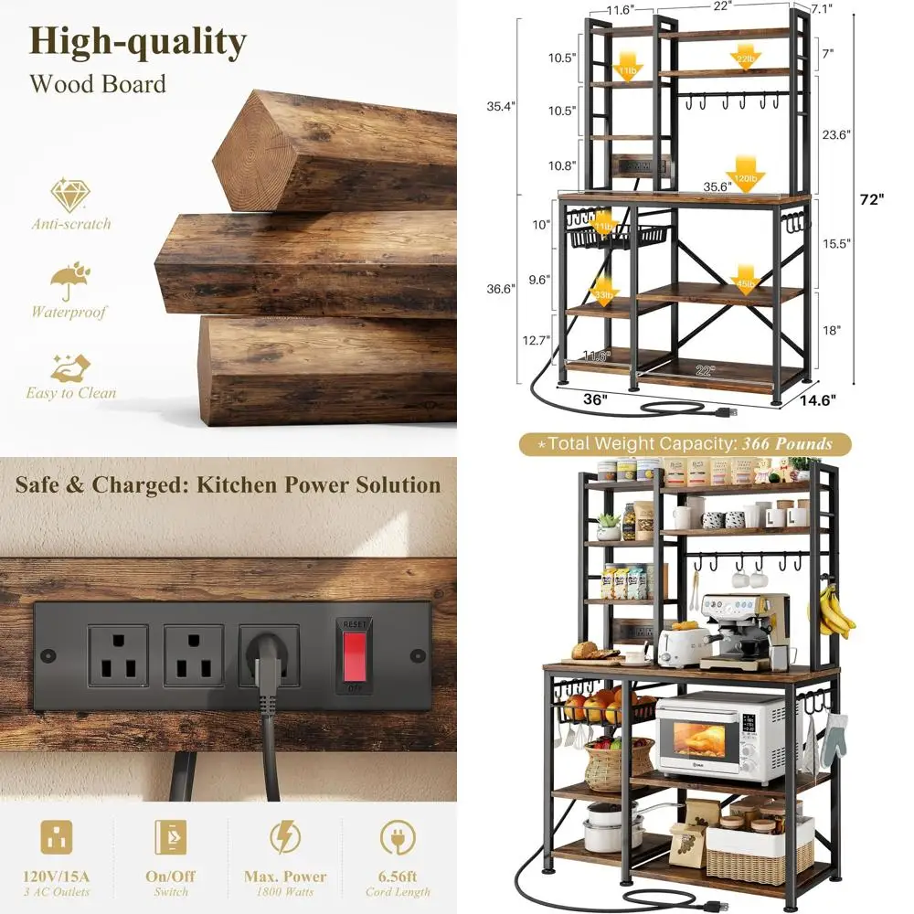 

Rustic Brown Microwave Stand with Storage, 14 Hooks, and Power Outlet