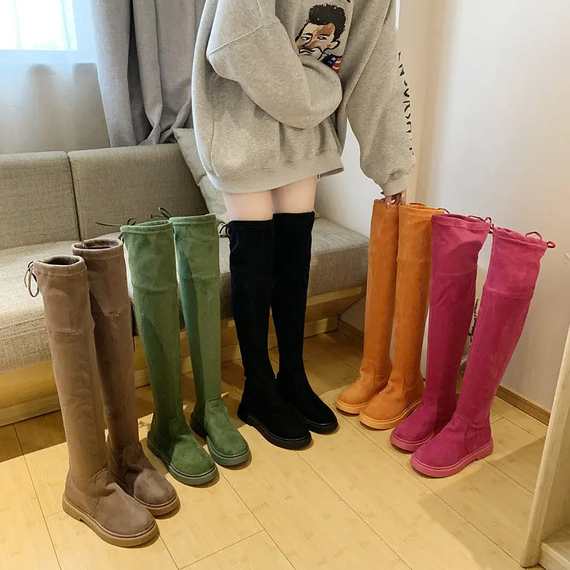 Fashion Over The Knee Women Stretch Orange Green Pink Boots 2021 New Winter Boots Women Slip On Platform Rubber Boots Black Boot