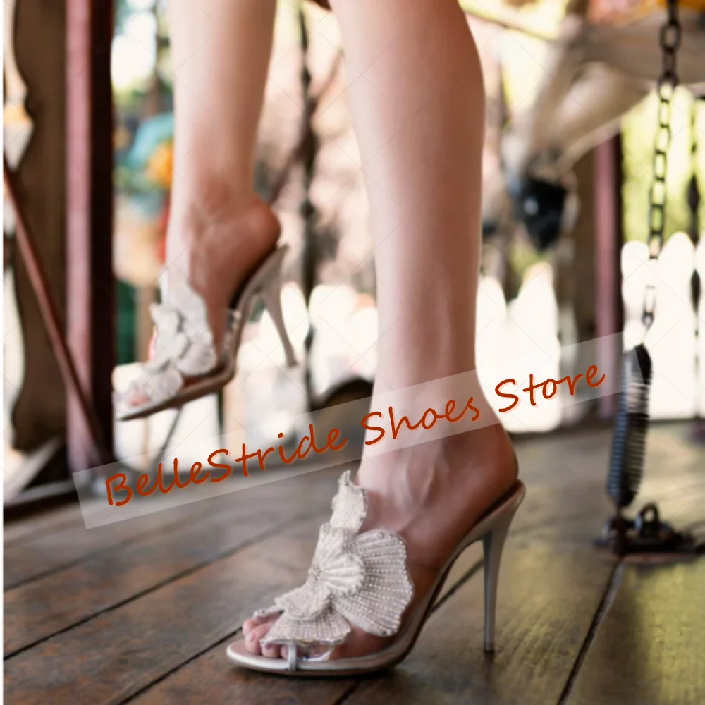 

White Crystal Flower Decor Slippers Open Toe Fashion Women Shoes Thin High Heels Party Banquet Dating 2025 Zapatos Para Mujere