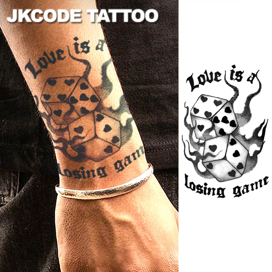 Herbal FUNNY Cute Heart Dice Arm Tattoo Sticker LOVE IS A LOSING GAME Men's and Women's Text Easter Daily Casual Vintage Style Temporary Tattoo Long-lasting Waterproof for 15 Days
