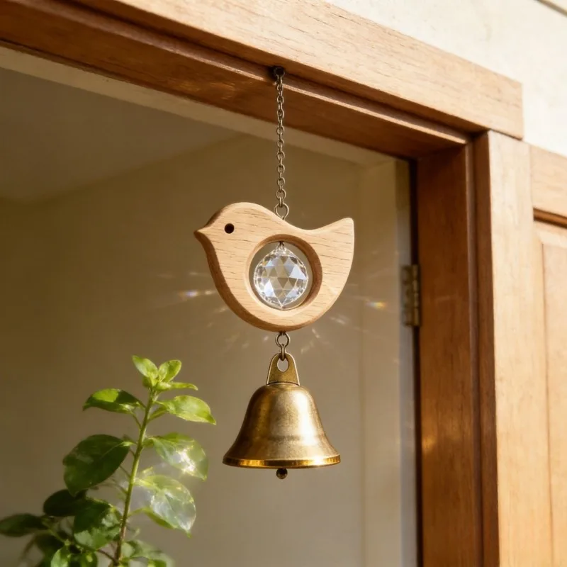 Creative Wood Wind Chime with Crystal Brass Bell Door Hanging Ornament Bird Heart Flower Shape Home Decor Festival Gift