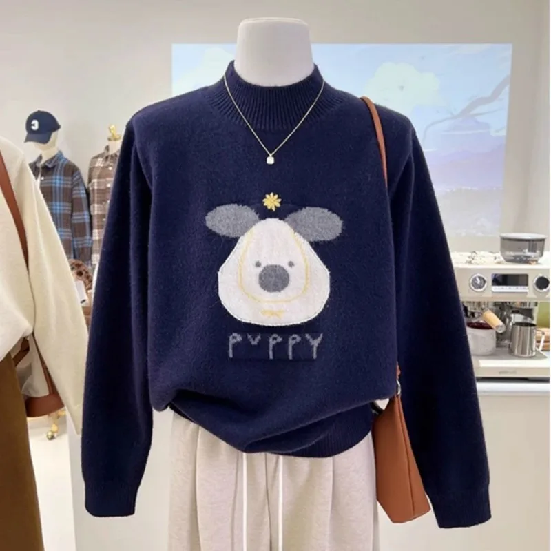 

Свободная полуводолазка с мультяшным жаккардовым свитером для женщин, осенние и зимние топы для женщин