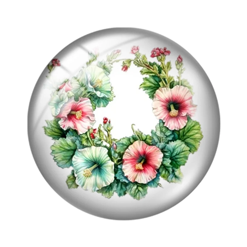 Hollyhocks Wreath 10pcs 12mm/16mm/18mm Round Photo Glass Cabochon Demo Flat Back Making findings