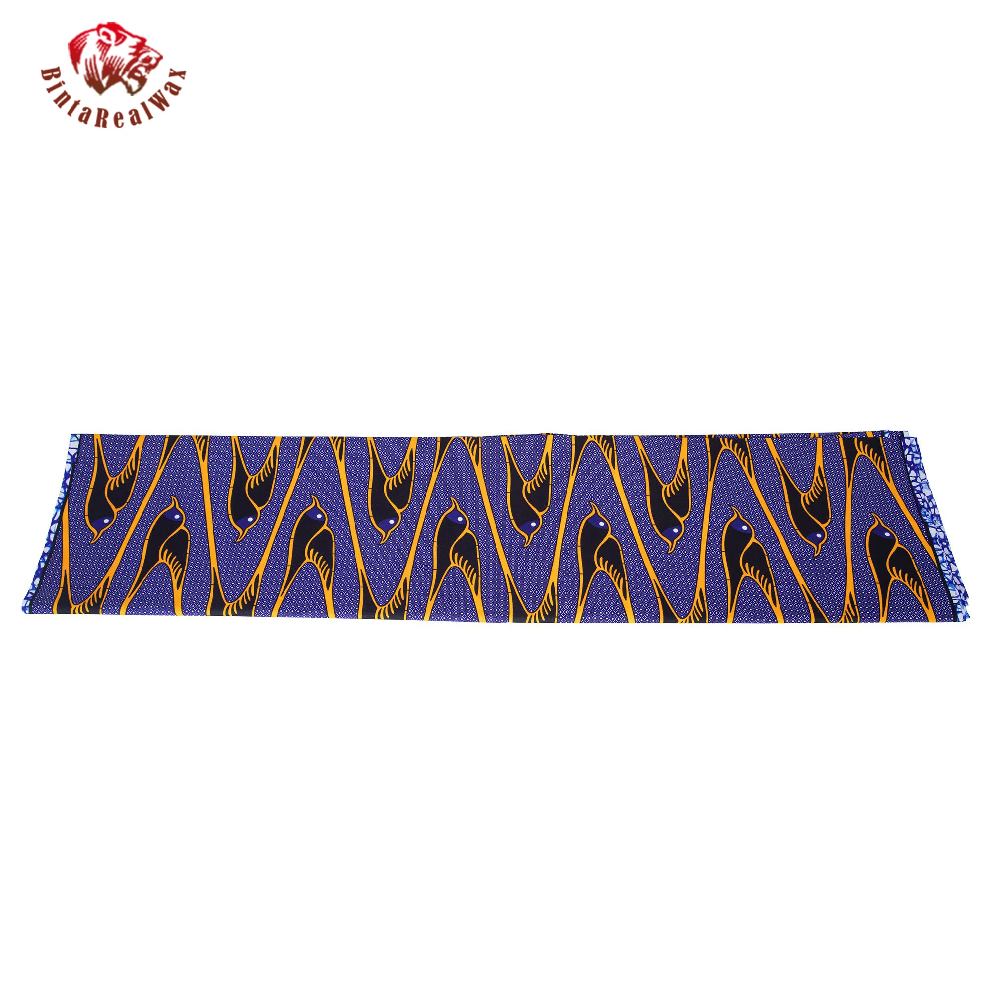 African Wax Print Fabric, Blue Background with Yellow & Black Bird Pattern, 100% Polyester Ankara Fabric for Dress, Skirt FP6705 view 3