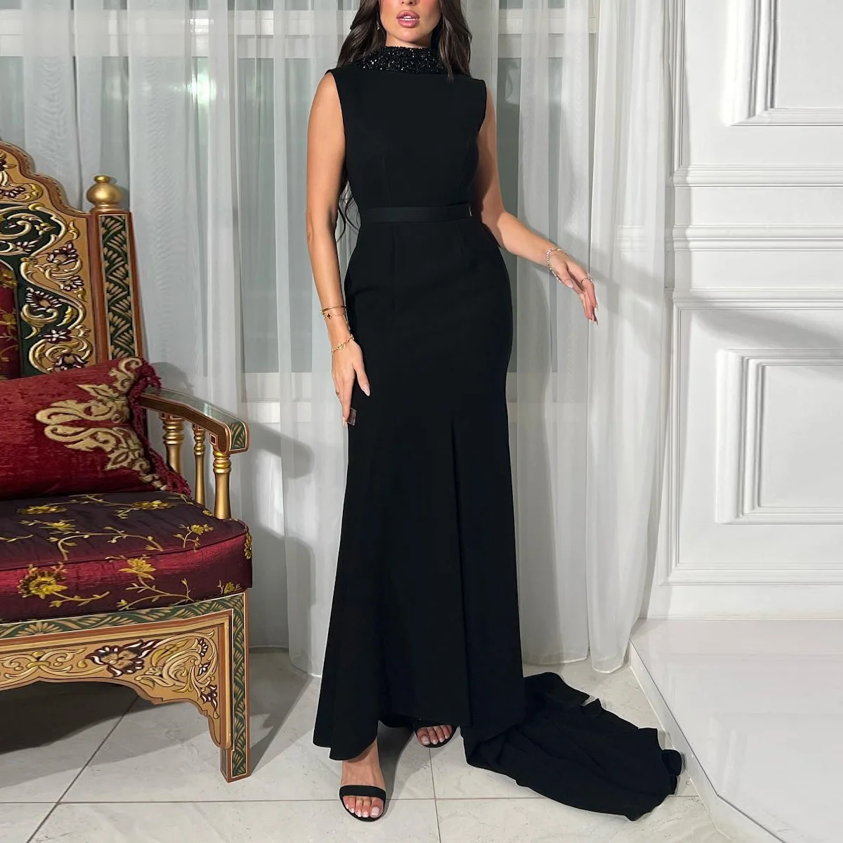 WelGru- Robe de soirée sirène à col haut, sexy, perlée, dos nu, longueur en fibre de rinçage, pour occasions formelles, nouvelle collection 2023