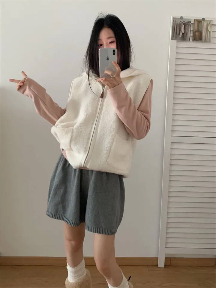 

Многослойный вязаный жилет с капюшоном из махровой ткани, без рукавов, осенне-зимний, уютный, повседневный, шикарный, теплый, трикотажный жилет-кардиган