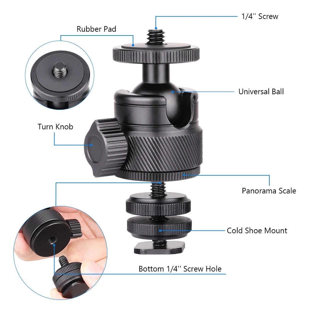 VICELK TH01 Low Profile 360 Degree Rotatable CNC Aluminum Mini Ball Head for Digital Camera,DSLR,Tripods Camcorder,Max Load 3kg