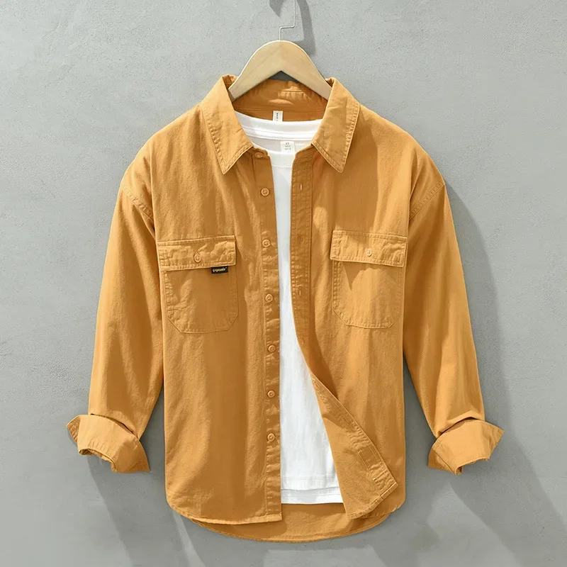 Korean Fashion Men Shirts Spring Fall Workwear Mens Long Sleeve Shirt Double Pockets 100% Cotton Yellow Shirt Causal Clothing