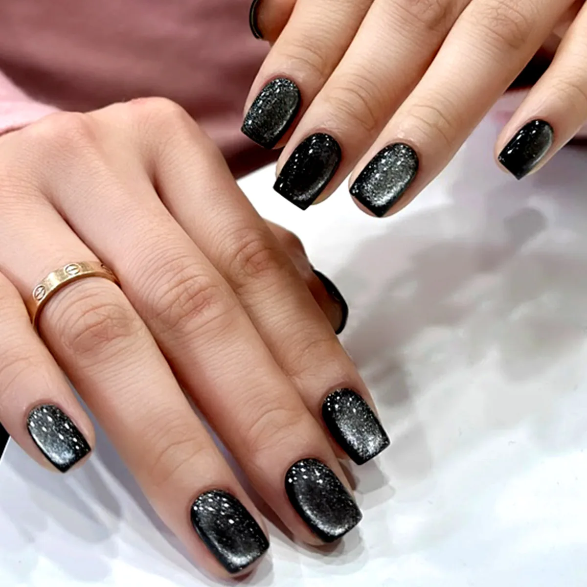 24 pçs preto curto imprensa em unhas glitter quadrado olho de gato unhas falsas arte datchable cobertura completa unhas ponta reutilizável unhas falsas