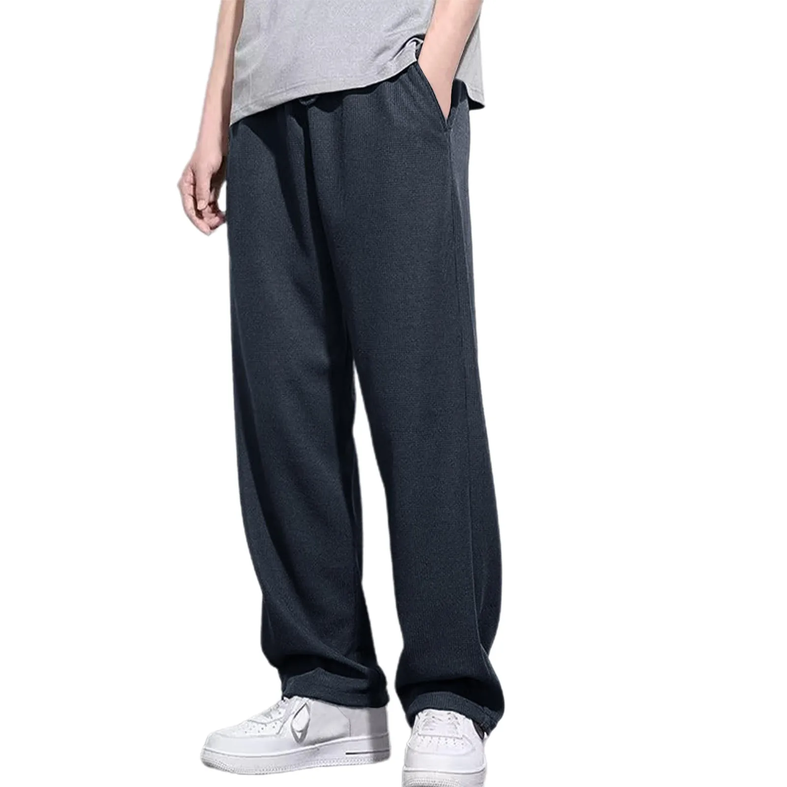 

Men Sweatpant Spring Autumn Loose Straight Trousers Solid Color Elastic Waist Pockets Pant Korean Sports Jogger Casual Trouser