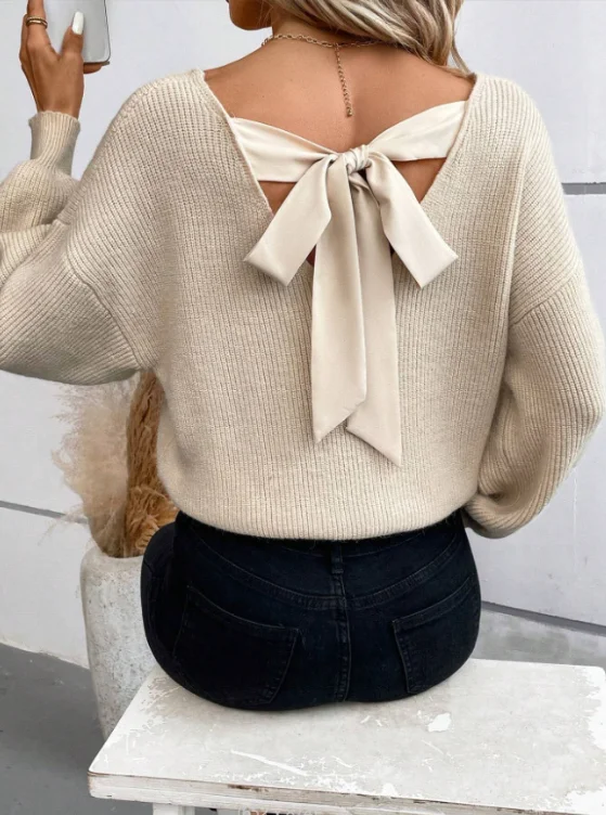 

Casual Bow Lace Up Sweater For Women Loose Solid Color V-neck Long Sleeved Knitted Pullover Autumn Winter New Commuter Top