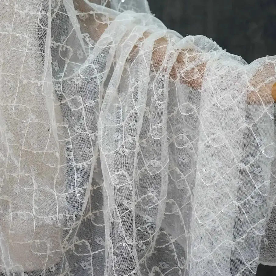 

Wavy floral sequin embroidered mesh lace fabric for wedding dress decoration, backdrop, DIY clothing material by meter