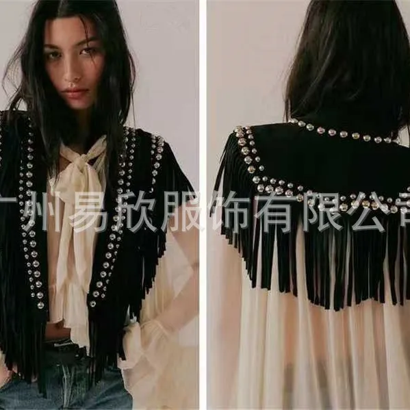 Women's Fringe Vest Y2K Sleeveless Tassel Rivet Suede Open Front Bohemian Jacket Cardigan