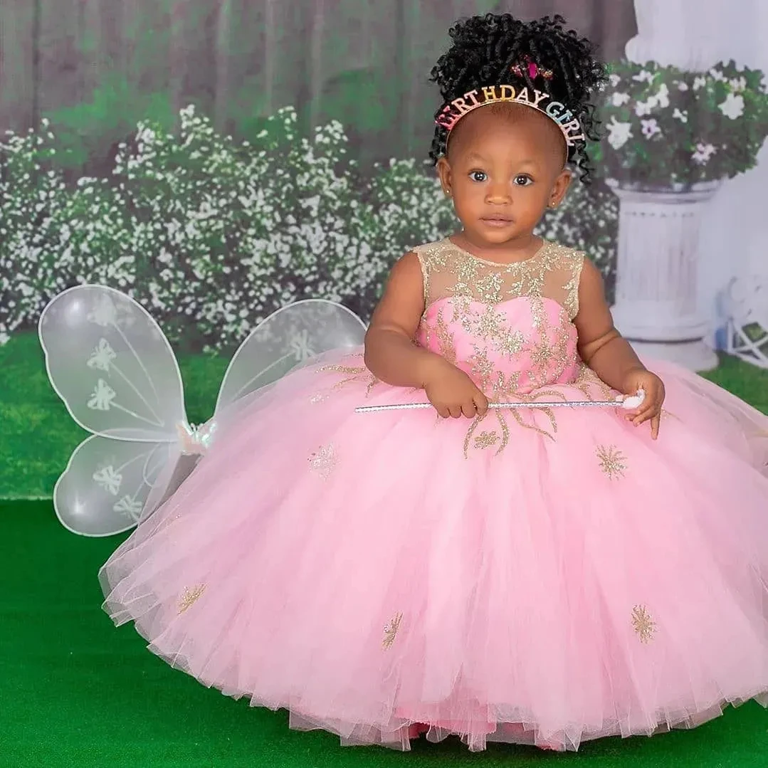 

Pink Flower Girl Dresses Jewel Neck Sleeveless With Bow Back Ball Gown Kids Birthday Dress for Wedding Party