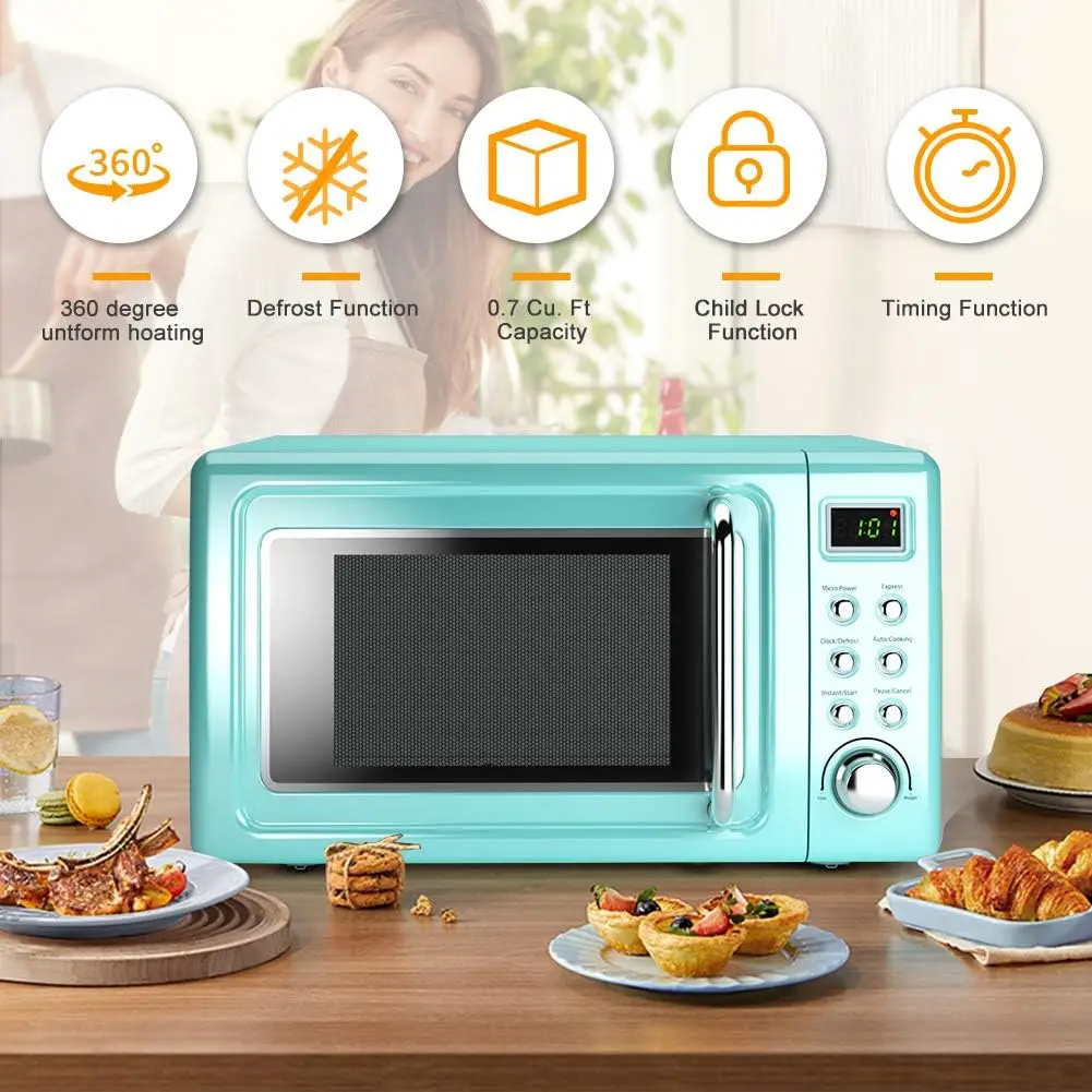 0.7 Cu Ft Retro Countertop Microwave Oven – 700W, Cold Rolled Steel, 5 Micro Power Defrost & Auto Cooking, LED Display, Glass Tu