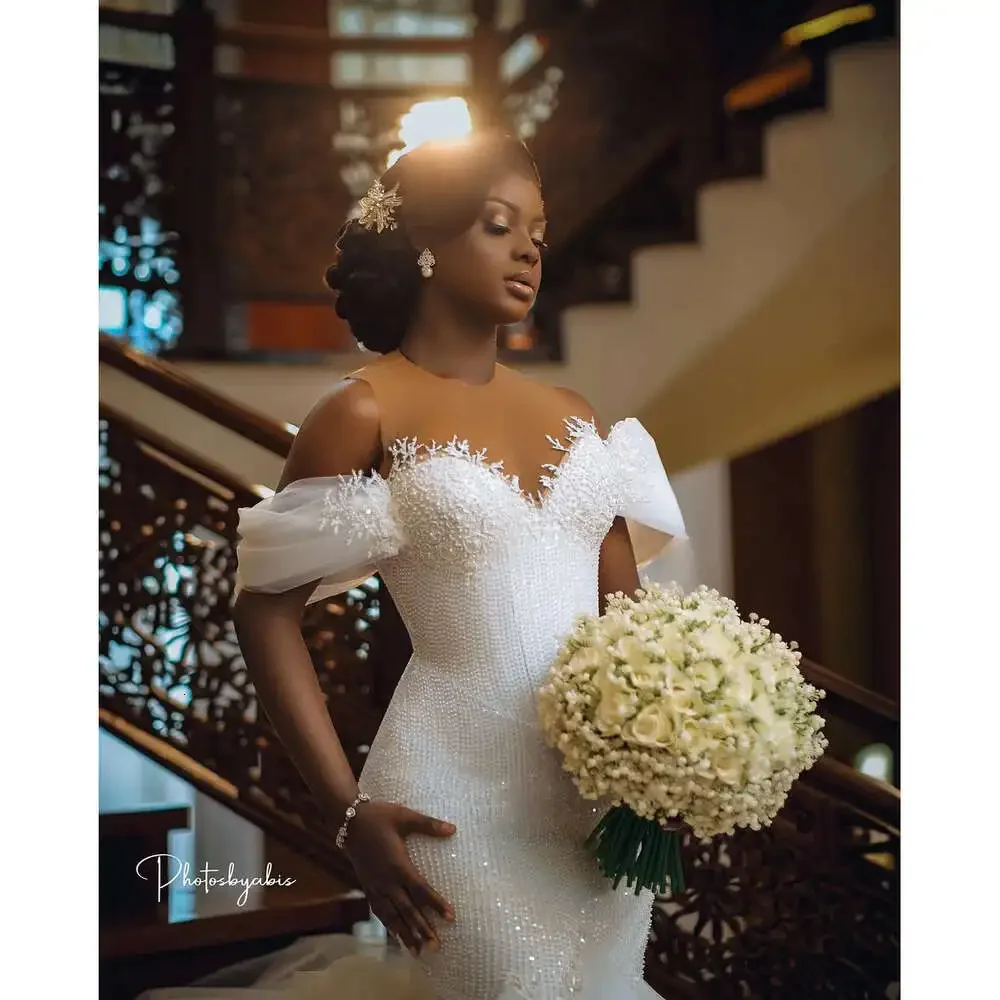 

Customized O- Neck Shinny Beads Appliques Plus Size Mermaid Wedding Dress Off the Shoulder Open Back Corset Bridal Gown