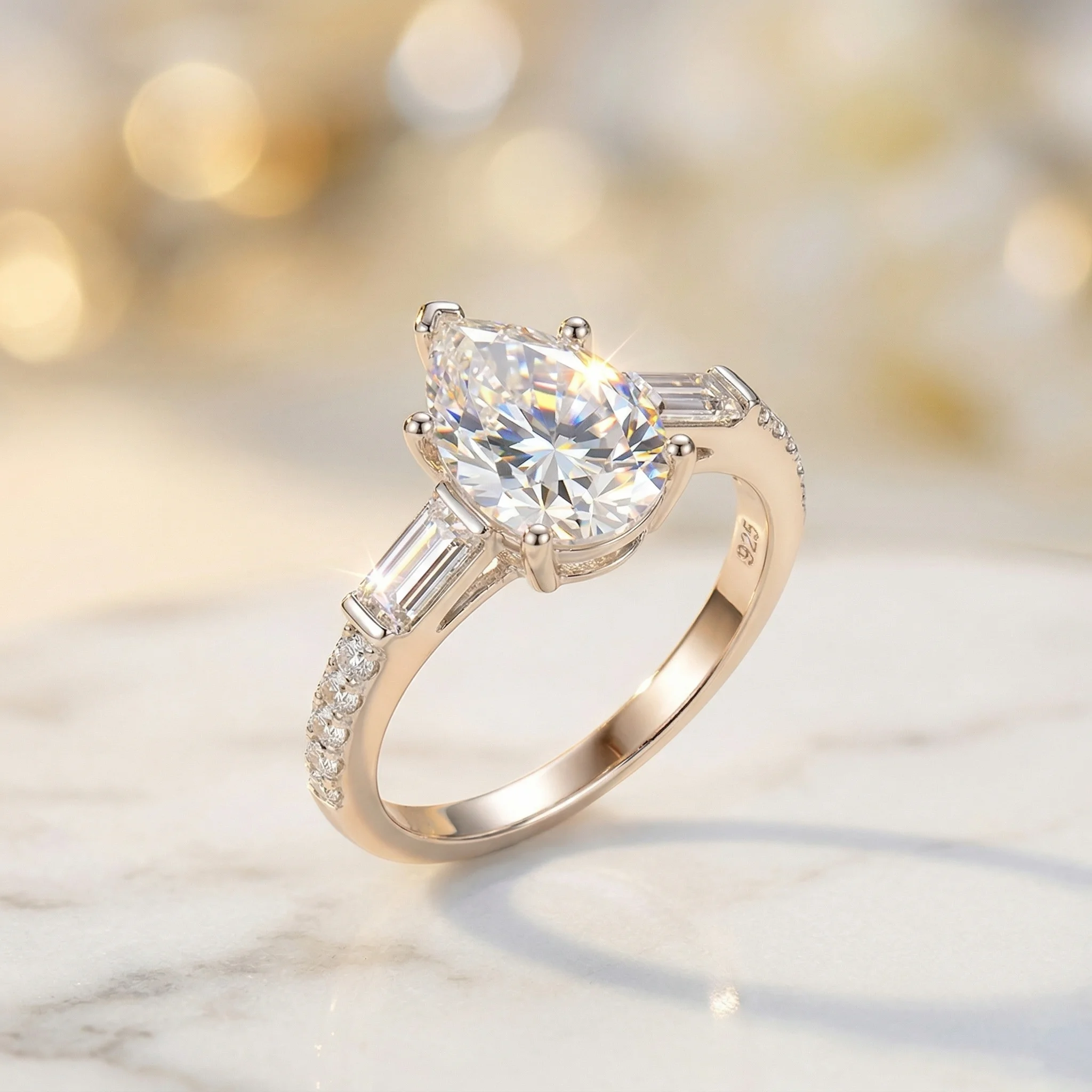Pear Moissanite Ring, 925 Silver, D Color VVS1, 2.5ct Baguette Side Stones, Light Luxury Engagement Women's, w/ Cert