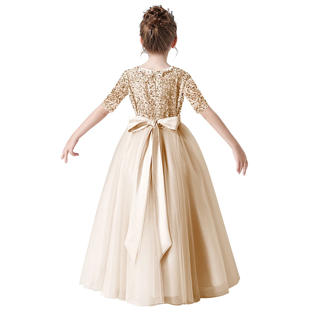 Robe de reconstitution historique à sequins pour filles, robe de soirée, robe de mariée, robe de Noël, manches mi-longues, long tulle junior, hippie