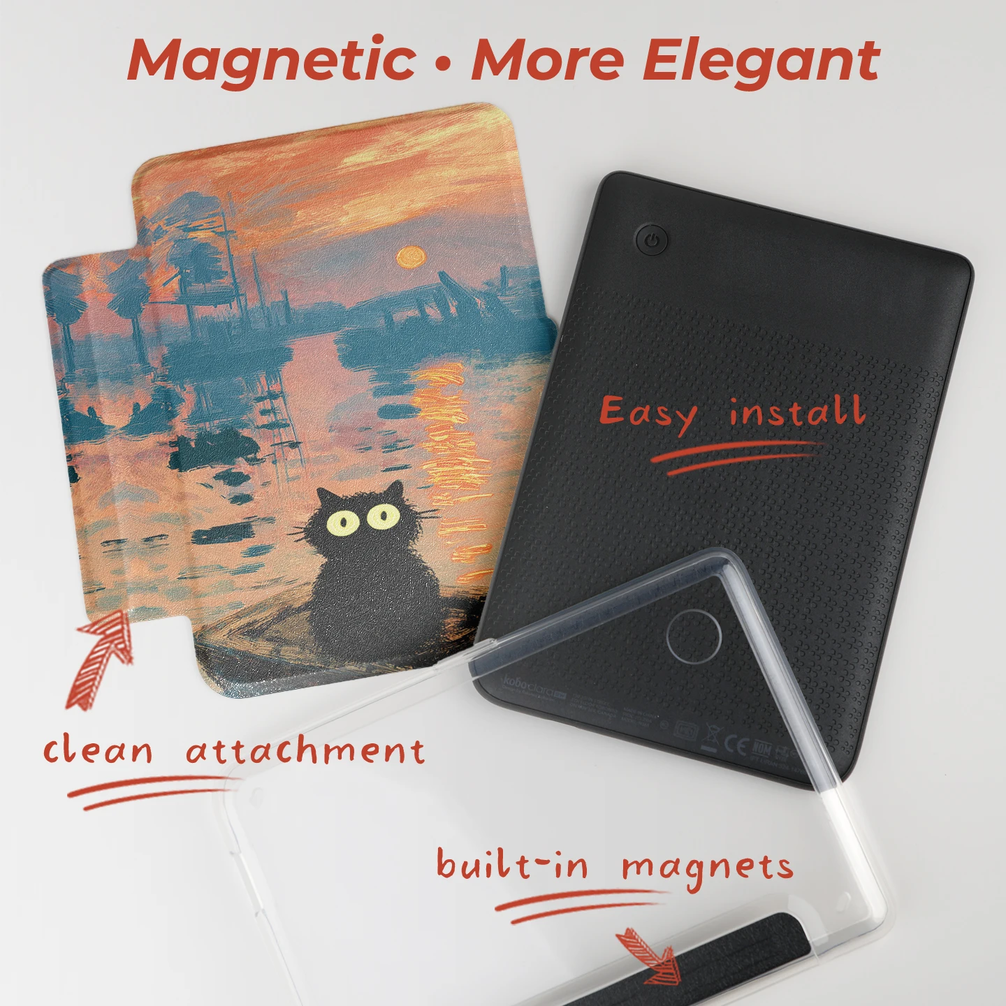 Twosheep suit for Kobo Clara BW Clara Colour Clara 2E 6inch Case Magnetic Detachable Cover Clear Back Monet Cute Cat Style view 3