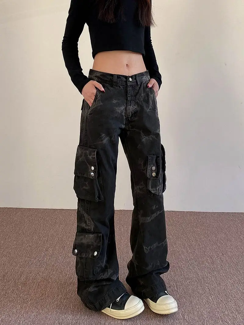 

Retro High Street American Vibe Work Pants Multiple Pockets Women's Loose Straight Leg Bell Bottom Jeans Casual Long Trousers