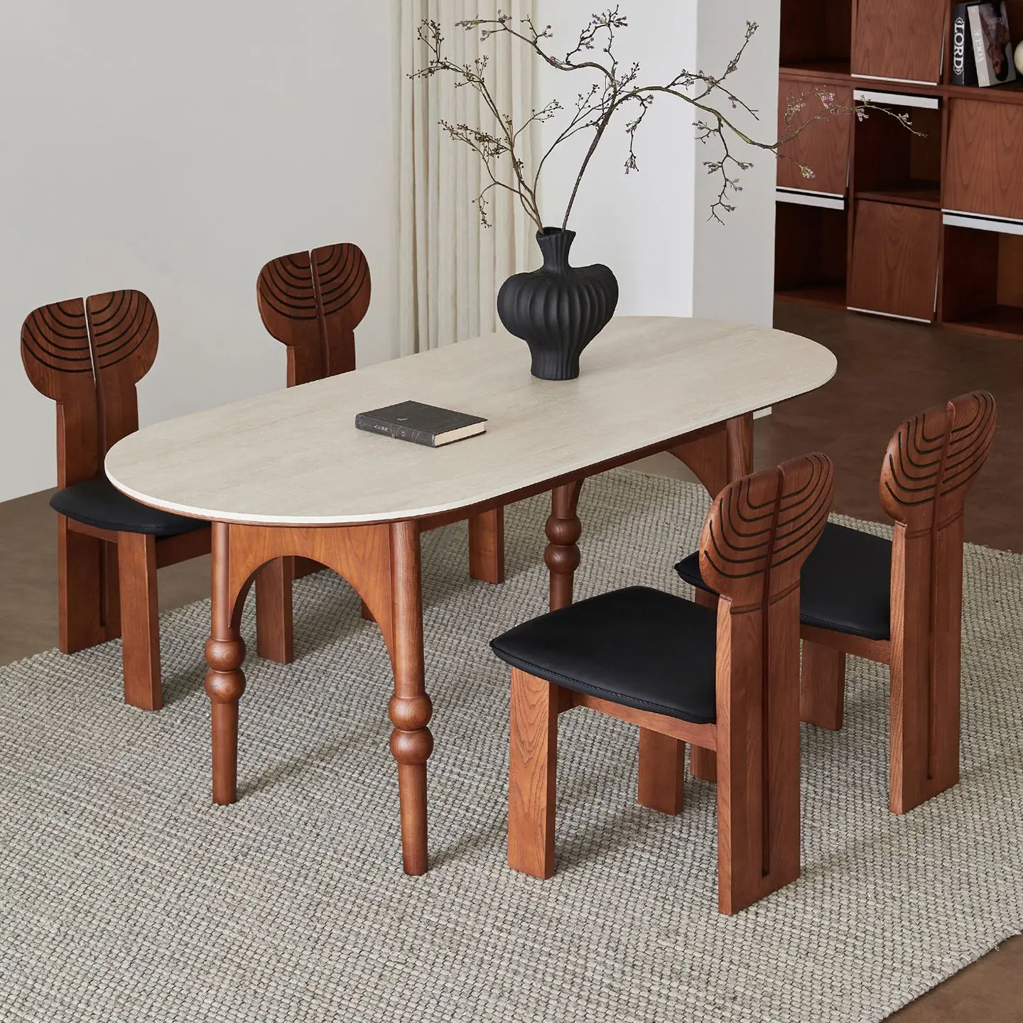 French medieval ash wood solid wood dining table travertine rock slab household small apartment oval walnut color dining table